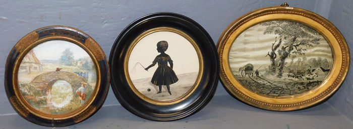 2 Antique Framed Embroideries & Antique Framed Silhouette