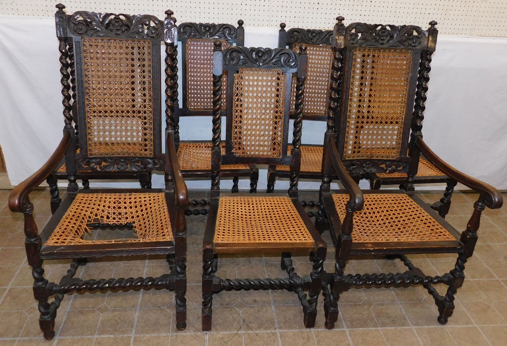 Set of 7 Antique Carved Oak Barley Twist Dining Chairs, (Cane As Is in Some) (1 of 7)