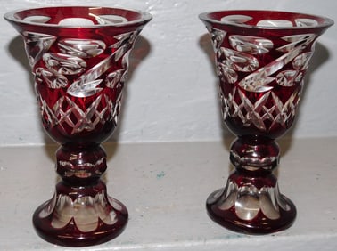 Pair of Ruby Cut to Clear Urns, (Have Chips)