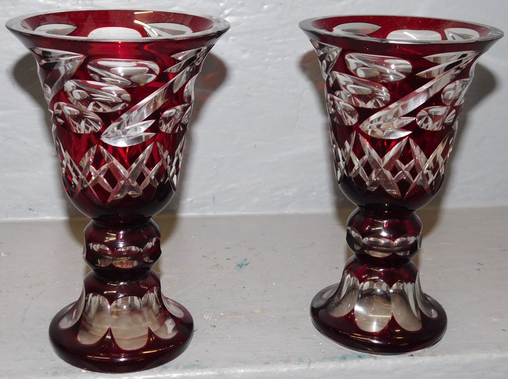 Pair of Ruby Cut to Clear Urns, (Have Chips) (1 of 2)
