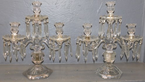 Pair of Glass 3 Light Candelabras with Prisms