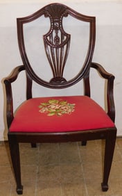 Carved Mahogany Arm Chair with Needlepoint Seat