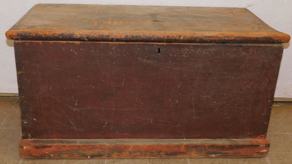 Antique Pine Blanket Chest: Antique Pine Blanket Chest . 37" W 18 1/2" D 19" H ALL DESCRIPTIONS AND ANY CONDITION STATEMENT GIVEN BY LANGSTON AUCTION GALLERY ARE STRICTLY OPINIONS AND LANGSTON'S SHALL HAVE NO RESPONSIBILITY FOR