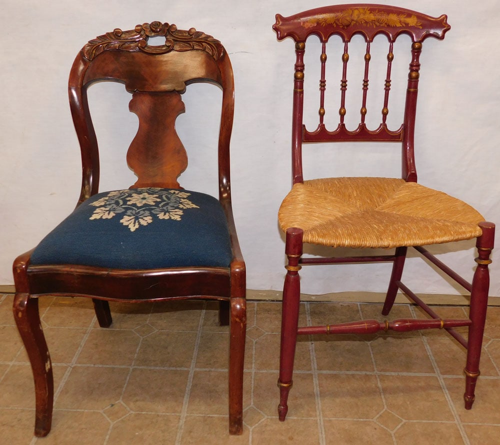 2 Antique Side Chairs: 2 Antique Side Chairs . Up to: 33 1/4" H ALL DESCRIPTIONS AND ANY CONDITION STATEMENT GIVEN BY LANGSTON AUCTION GALLERY ARE STRICTLY OPINIONS AND LANGSTON'S SHALL HAVE NO RESPONSIBILITY FOR ERRORS OR 