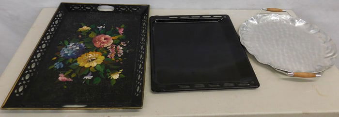 2 Painted Metal Serving Trays & Aluminum Tray