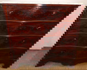 Burl Mahogany Serpentine Front 4 Drawer Victorian Marble Top Chest
