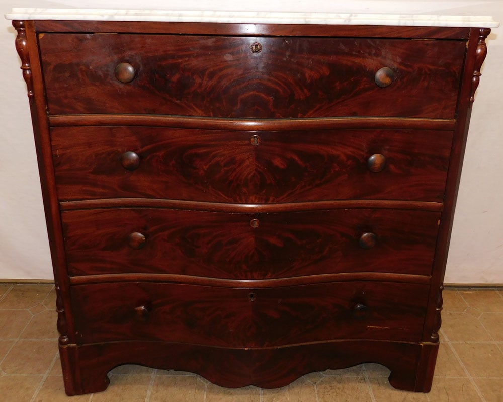 Burl Mahogany Serpentine Front 4 Drawer Victorian Marble Top Chest (1 of 5)