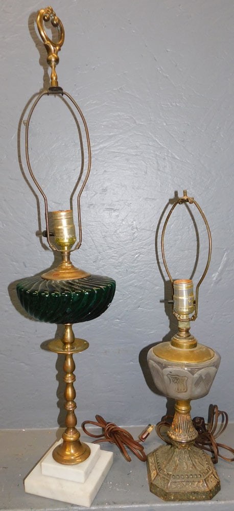 2 Antique Glass Font Lamps: 2 Antique Glass Font Lamps. Up to: 30 3/4" H ALL DESCRIPTIONS AND ANY CONDITION STATEMENT GIVEN BY LANGSTON AUCTION GALLERY ARE STRICTLY OPINIONS AND LANGSTON'S SHALL HAVE NO RESPONSIBILITY FOR ERRORS