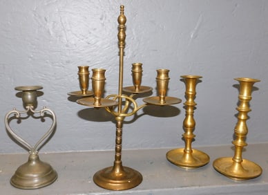 Lot of Antique Brass & Pewter Candlesticks