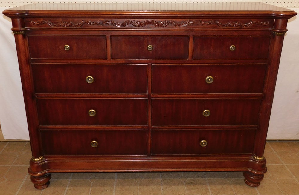 Cherry 9 Drawer Chest: Cherry 9 Drawer Chest . 60" W 20" D 44 1/2" H ALL DESCRIPTIONS AND ANY CONDITION STATEMENT GIVEN BY LANGSTON AUCTION GALLERY ARE STRICTLY OPINIONS AND LANGSTON'S SHALL HAVE NO RESPONSIBILITY FOR ERROR