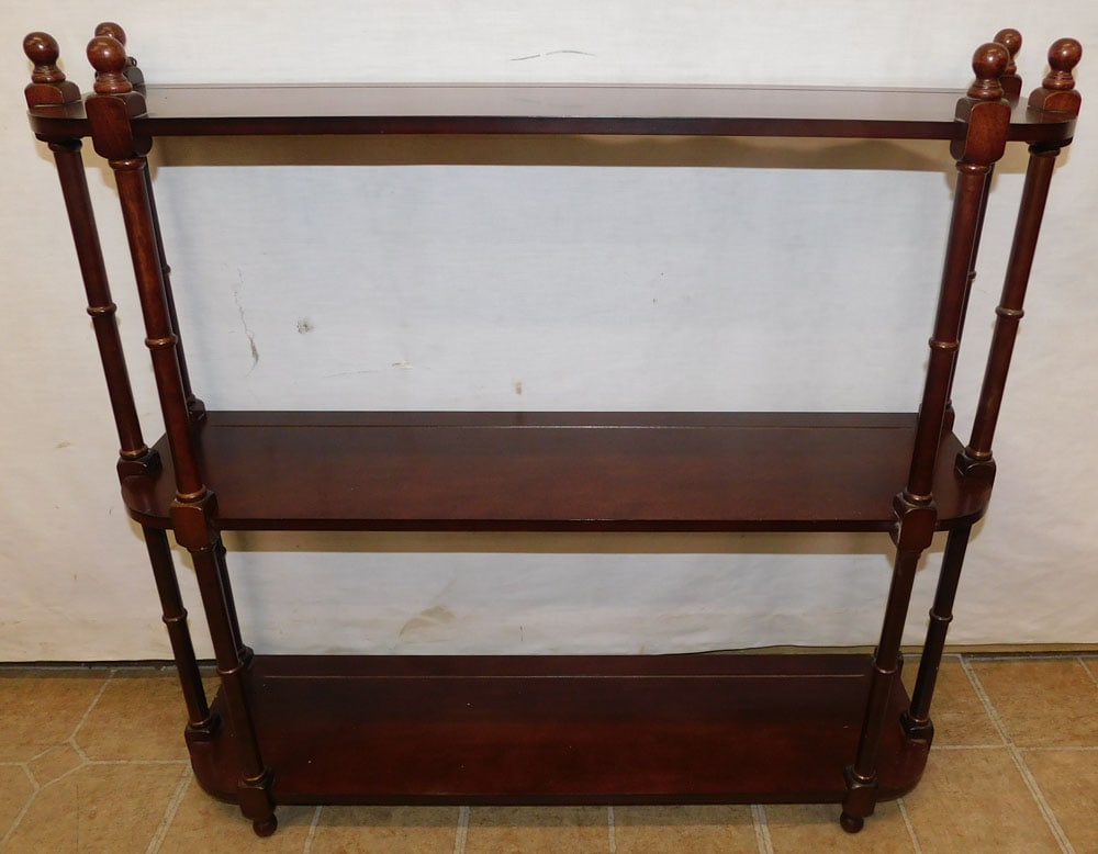 Cherry 3 Tier Wall Shelf: Cherry 3 Tier Wall Shelf . 30 3/4" W 29 1/2" H ALL DESCRIPTIONS AND ANY CONDITION STATEMENT GIVEN BY LANGSTON AUCTION GALLERY ARE STRICTLY OPINIONS AND LANGSTON'S SHALL HAVE NO RESPONSIBILITY FOR ERRO