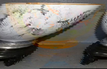 Hand Painted Porcelain Bowl on Wood Stand