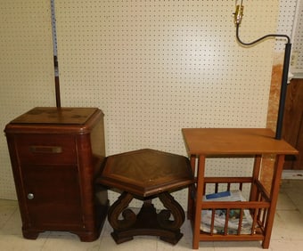 Antique Walnut Night Stand, Cherry Floor Lamp, & Hexagon Shaped Top Walnut Stand