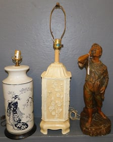2 Porcelain Lamps, & Painted Vintage Chalk Statue, (As Is)