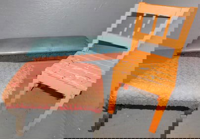 2 Upholstered Foot Stools & Painted Child's Chair