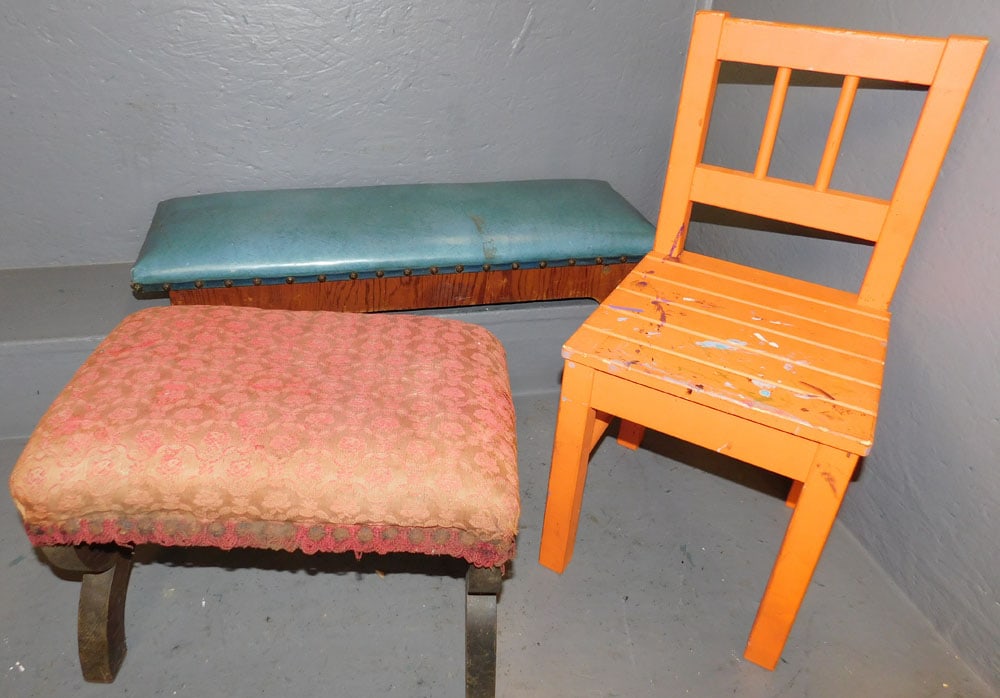 2 Upholstered Foot Stools & Painted Child's Chair (1 of 4)
