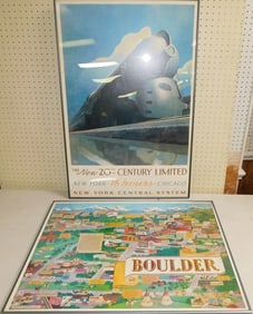 Framed Autographed Boulder Geography Travel Print & New York Central Train Poster