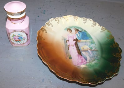 Hand Painted Bavarian Porcelain Plate & Limoges Perfume Bottle