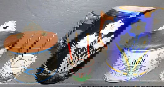 Majolica Pitcher, Porcelain Salt Box, & Polychrome Decorated Ink Stand