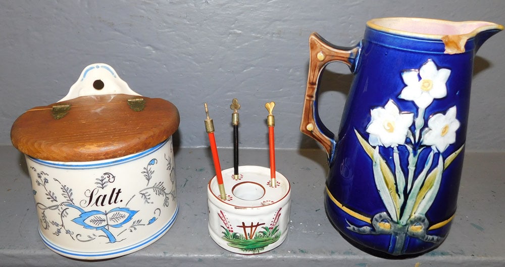 Majolica Pitcher, Porcelain Salt Box, & Polychrome Decorated Ink Stand (1 of 4)