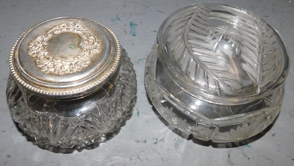 2 Glass Powder Jars, (1 with Silverplate Top) (1 of 3)