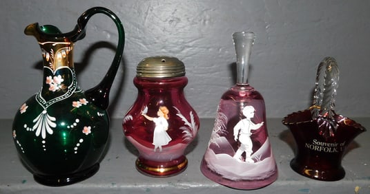 Mary Gregory Cranberry Shaker & Basket, Ruby Souvenir Basket, & Emerald Enameled Cruet
