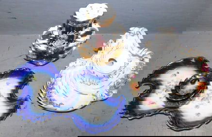 Porcelain Limoges Hat Pin Holder & 2 Hand Painted Porcelain Ink Stands