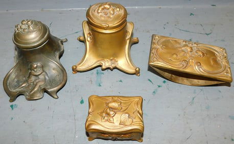 4 Gilded Metal Desk Items, (2 Ink Stands, Stamp Box, & Paperweight)