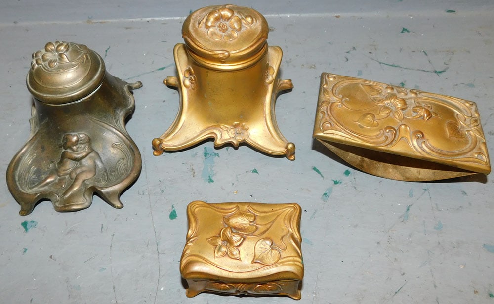 4 Gilded Metal Desk Items, (2 Ink Stands, Stamp Box, & Paperweight) (1 of 3)