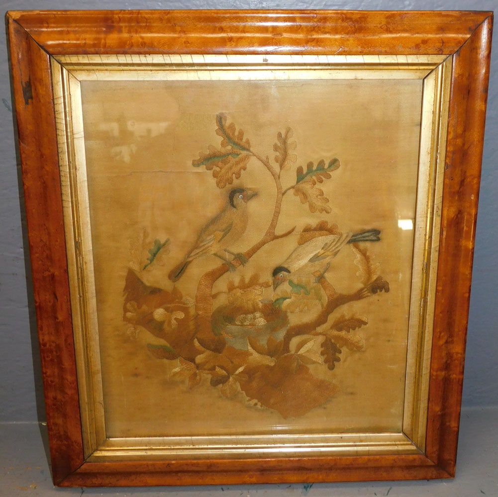 Antique Silk Emroidery of Birds in Bird's Eye Maple Frame (1 of 4)
