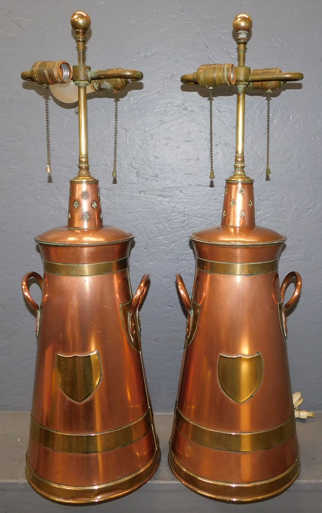 Pair of Antique Copper & Brass Bound Milk Can Lamps (1 of 3)