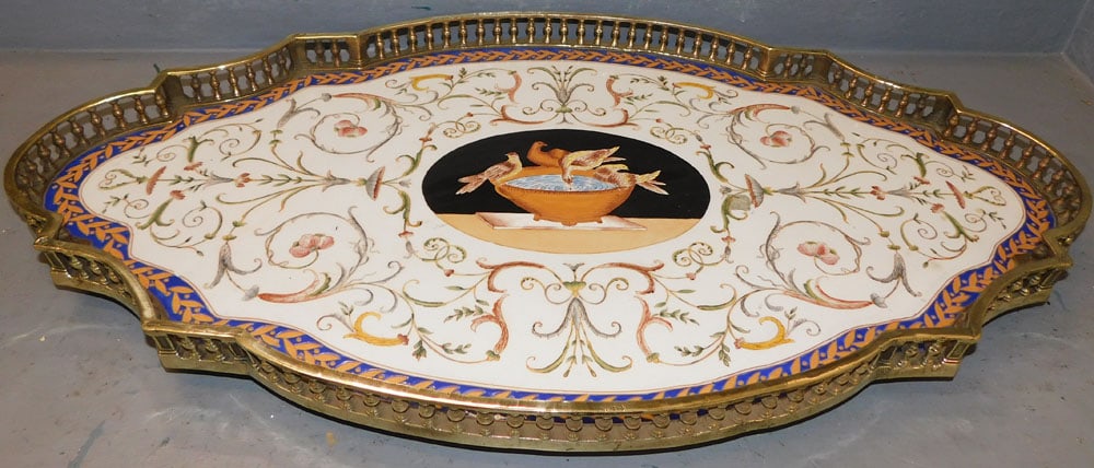 Paint Decorated Porcelain & Bronze Gallery Tray with Dove Motif (1 of 7)