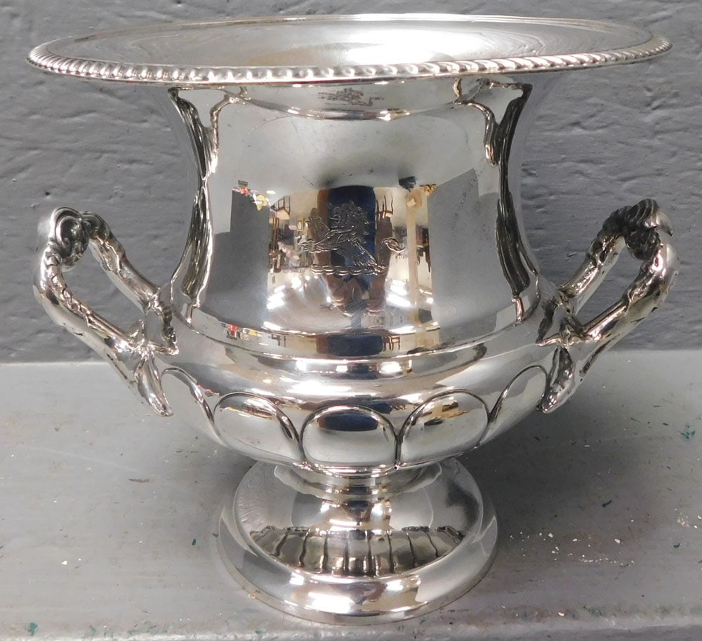 Sheffield Wine Cooler with Lion Engraving: Sheffield Wine Cooler with Lion Engraving. 8 3/4" H ALL DESCRIPTIONS AND ANY CONDITION STATEMENT GIVEN BY LANGSTON AUCTION GALLERY ARE STRICTLY OPINIONS AND LANGSTON'S SHALL HAVE NO RESPONSIBILITY FOR