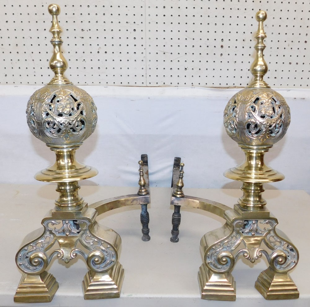 Pair of Open Work Brass Andirons (1 of 5)
