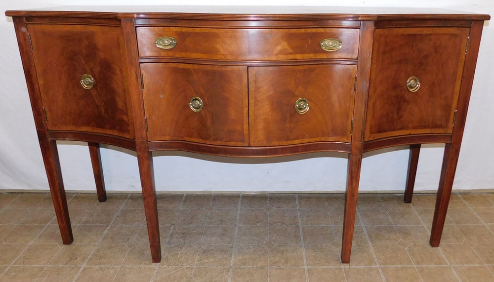 Mahogany Satinwood Banded Serpentine Front Sideboard: Mahogany Satinwood Banded Serpentine Front Sideboard. 67" W 23 1/2" D 39 1/4" H ALL DESCRIPTIONS AND ANY CONDITION STATEMENT GIVEN BY LANGSTON AUCTION GALLERY ARE STRICTLY OPINIONS AND LANGSTON'S SHAL