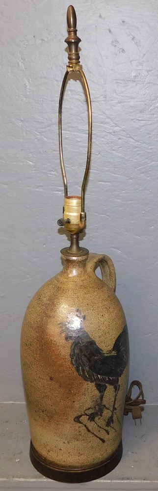 Antique Blue Paint Decorated Rooster Stoneware Whisky Jug Made Into Lamp (1 of 3)