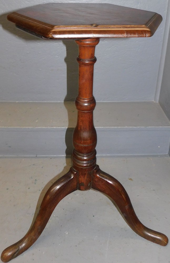 19th Century Mahogany Hexagon Shaped Top Candlestand: 19th Century Mahogany Hexagon Shaped Top Candlestand. 13 1/4" Dia. 26 1/4" H ALL DESCRIPTIONS AND ANY CONDITION STATEMENT GIVEN BY LANGSTON AUCTION GALLERY ARE STRICTLY OPINIONS AND LANGSTON'S SHALL H