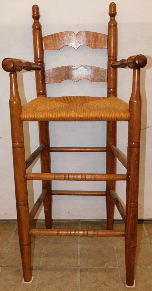 Walnut & Rush Seat High Chair: Walnut & Rush Seat High Chair. 38 1/4" H ALL DESCRIPTIONS AND ANY CONDITION STATEMENT GIVEN BY LANGSTON AUCTION GALLERY ARE STRICTLY OPINIONS AND LANGSTON'S SHALL HAVE NO RESPONSIBILITY FOR ERRORS OR 