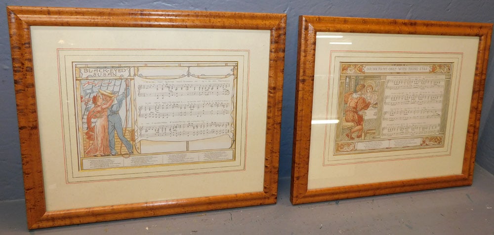 Pair of Framed Bird's Eye Maple Double Sided Nautical Sailor Themed Music Sheets (1 of 7)