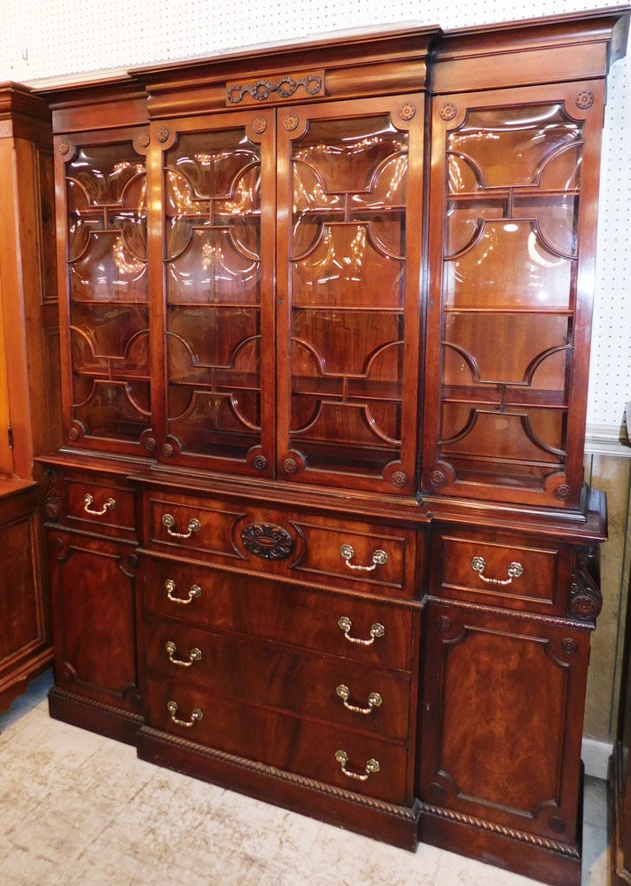 Mahogany Bubble Glass 2 Part Breakfront with Tooled Leather Writing Compartment by Saginaw (1 of 11)