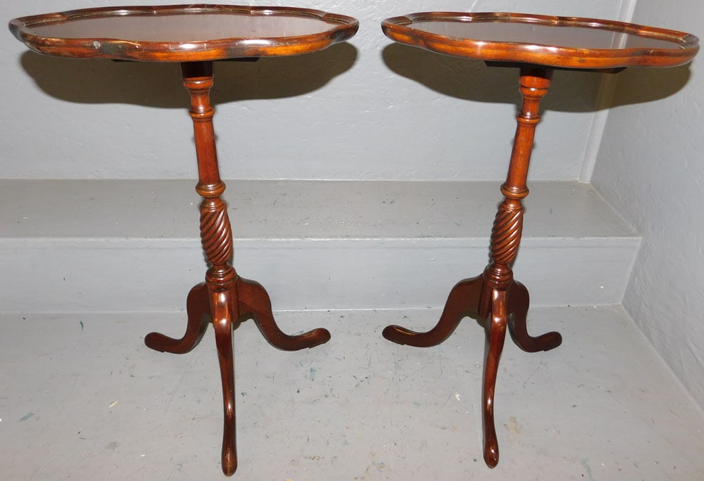 Pair of Mahogany Pie Crust Top Whisky Stands by Brandt: Pair of Mahogany Pie Crust Top Whisky Stands by Brandt. 14 1/4" W 10 1/4" D 20 1/2" H ALL DESCRIPTIONS AND ANY CONDITION STATEMENT GIVEN BY LANGSTON AUCTION GALLERY ARE STRICTLY OPINIONS AND LANGSTON'