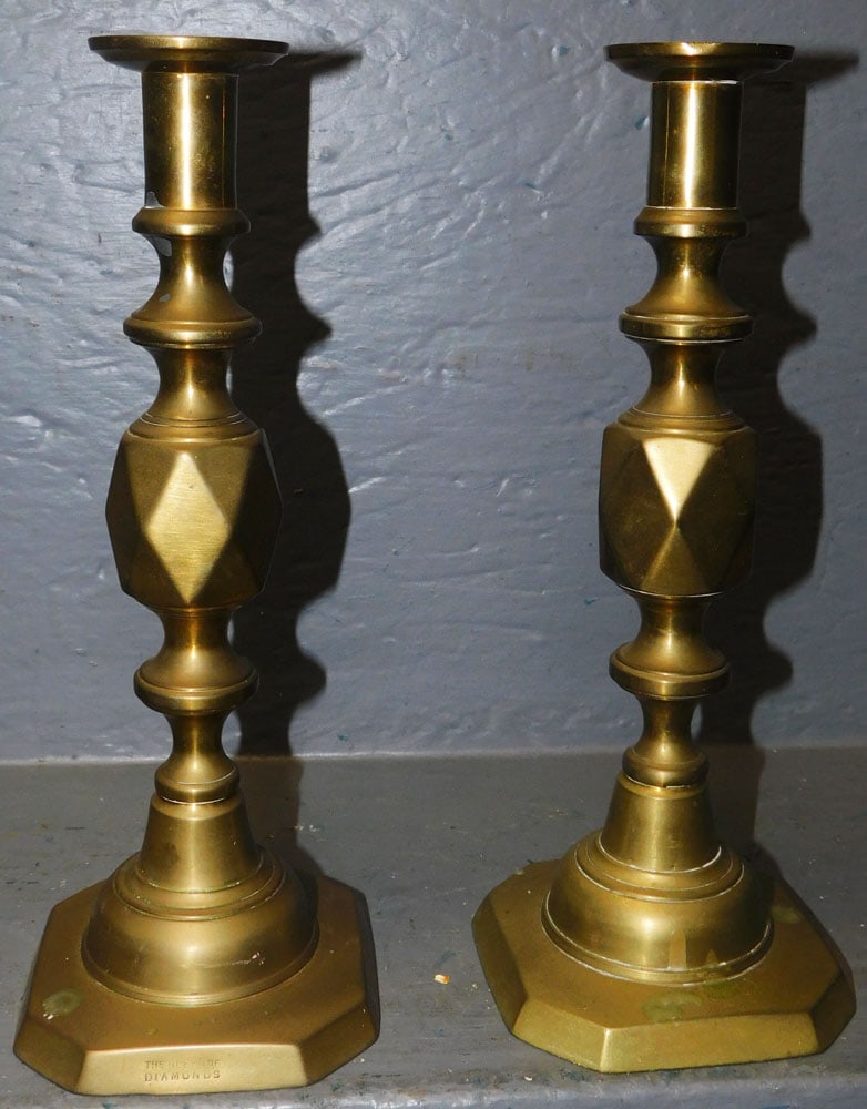 Pair of 19th Century Brass Queen of Diamonds Push Up Candlesticks (1 of 4)