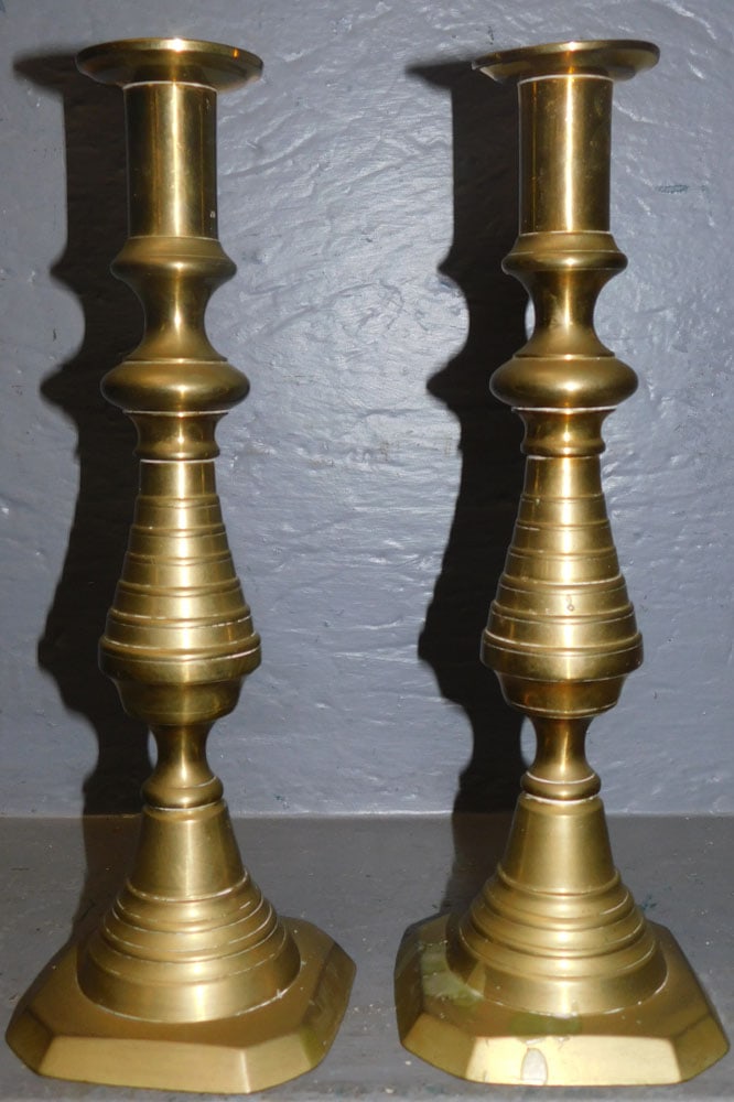 Pair of 19th Century Brass Beehive Push Up Candlesticks (1 of 3)