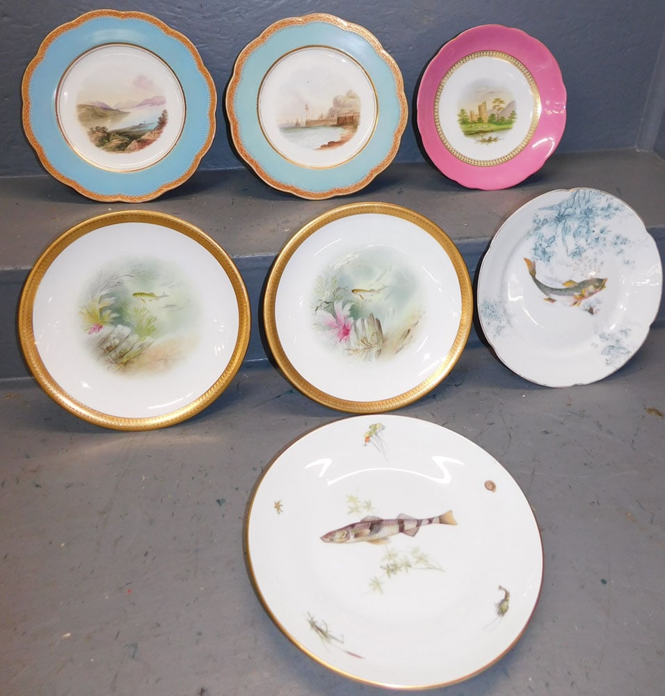 6 Antique Hand Painted Plates & 1 Hand Painted Compote (1 of 6)