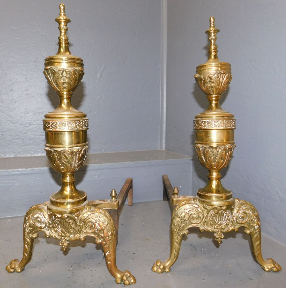 Pair of Brass Andirons: Pair of Brass Andirons. 20 3/4" H ALL DESCRIPTIONS AND ANY CONDITION STATEMENT GIVEN BY LANGSTON AUCTION GALLERY ARE STRICTLY OPINIONS AND LANGSTON'S SHALL HAVE NO RESPONSIBILITY FOR ERRORS OR OMISSIO