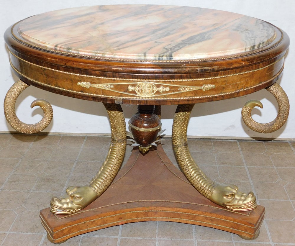 Walnut & Rosewood Regency Marble Top Bronze Serpent Base Center Table (1 of 5)