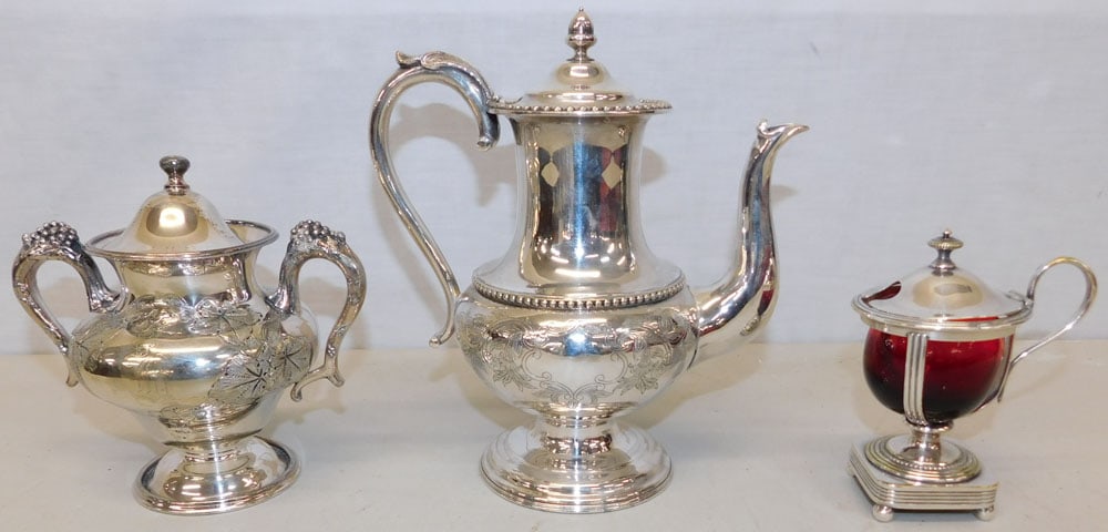 3 Pieces of Silverplate: 3 Pieces of Silverplate . Up to 8 1/4" H ALL DESCRIPTIONS AND ANY CONDITION STATEMENT GIVEN BY LANGSTON AUCTION GALLERY ARE STRICTLY OPINIONS AND LANGSTON'S SHALL HAVE NO RESPONSIBILITY FOR ERRORS OR 