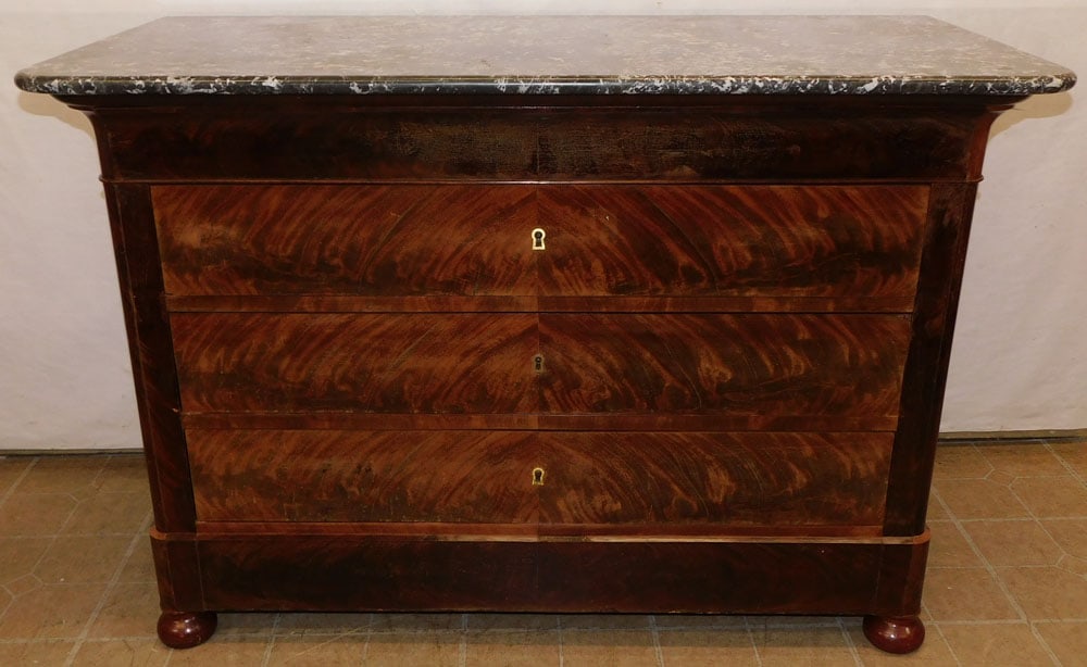 19th Century Burl Mahogany 4 Drawer French Empire Marble Top Commode (1 of 11)