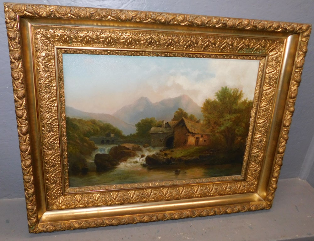 Antique Gilded Ornate Frame Oil on Canvas of Mill Scene (1 of 3)