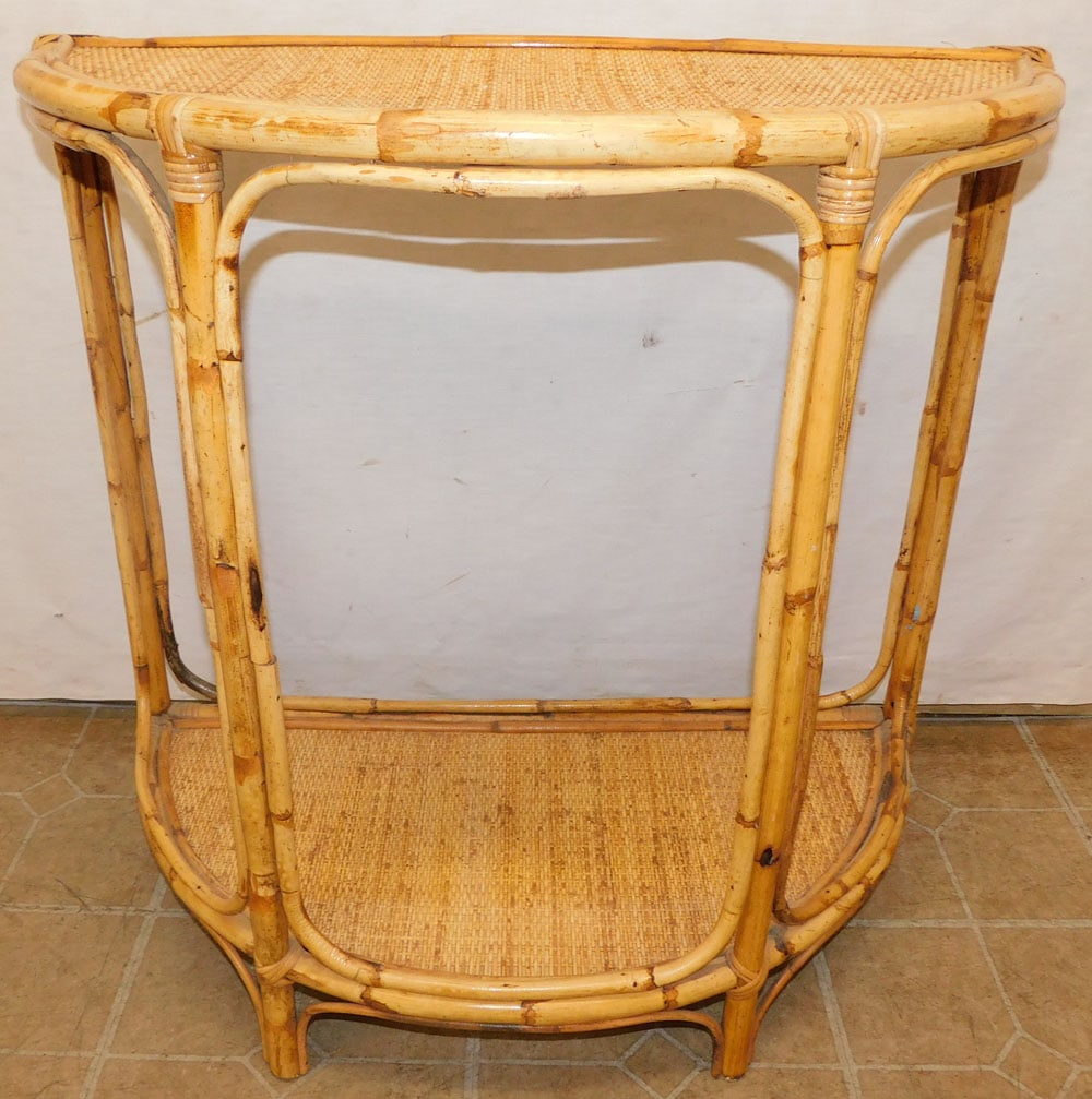 Bamboo 2 Tier Demi-Lune Console: Bamboo 2 Tier Demi-Lune Console. 30" W 15" D 29" H ALL DESCRIPTIONS AND ANY CONDITION STATEMENT GIVEN BY LANGSTON AUCTION GALLERY ARE STRICTLY OPINIONS AND LANGSTON'S SHALL HAVE NO RESPONSIBILITY FOR 